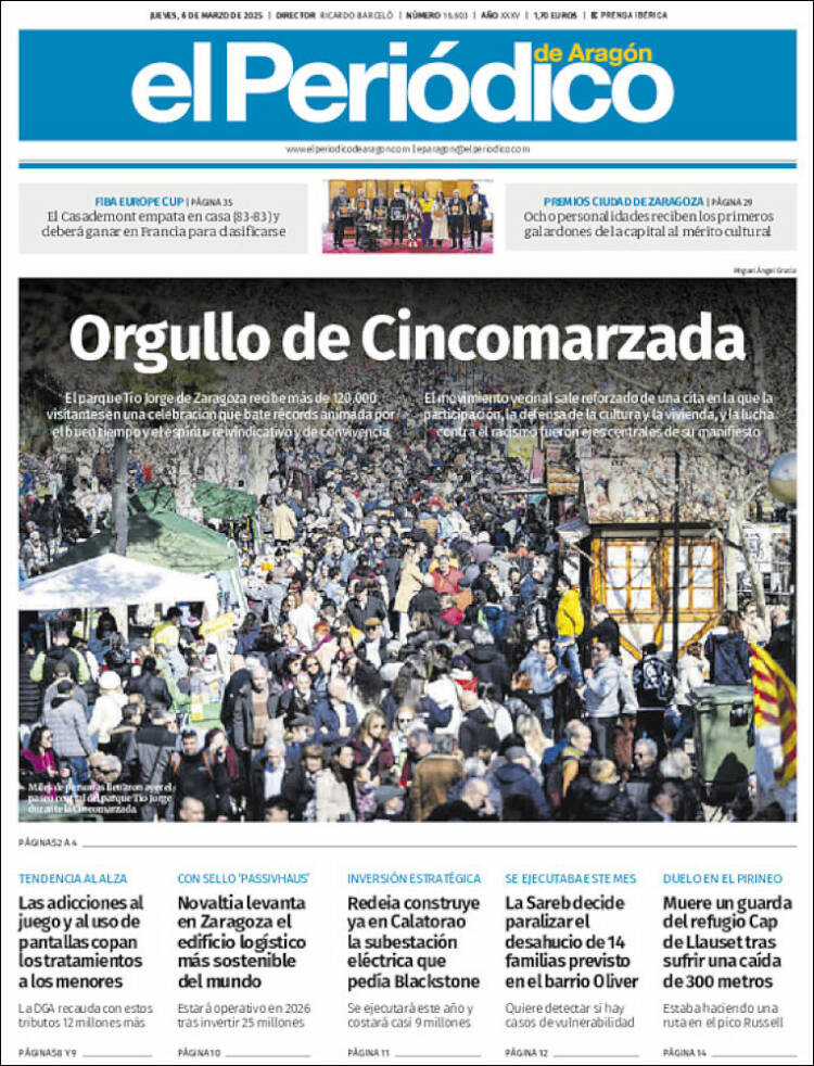 Portada de El Periódico de Aragón (España)