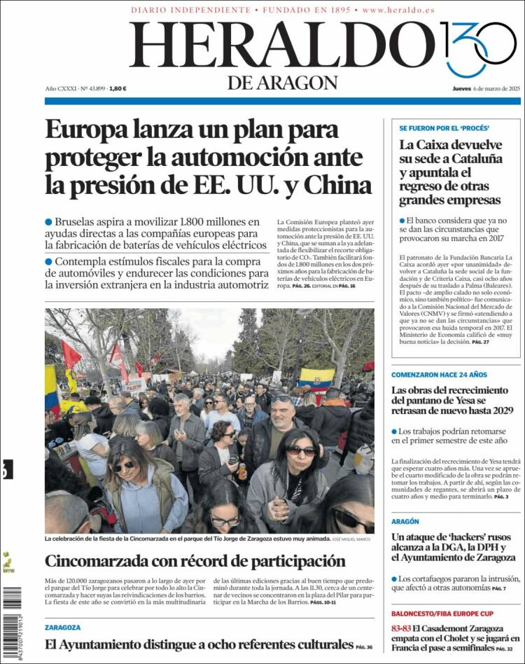 Portada de Heraldo de Aragón (España)