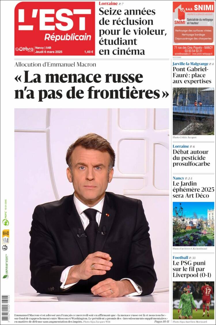 Portada de L'Est Republicain (Francia)