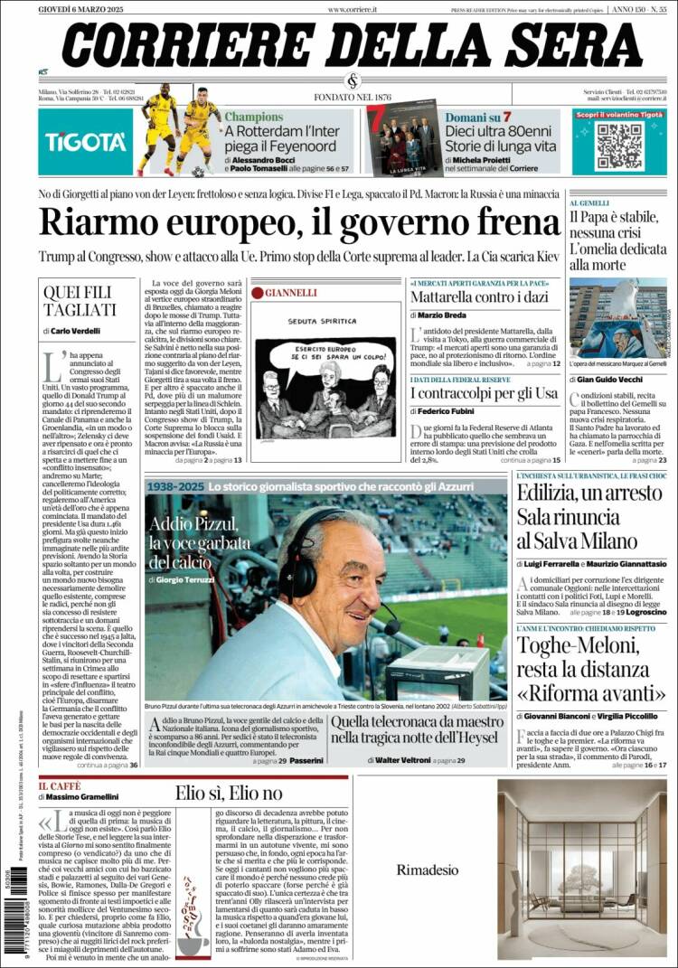 Portada de Corriere della Sera (Italia)