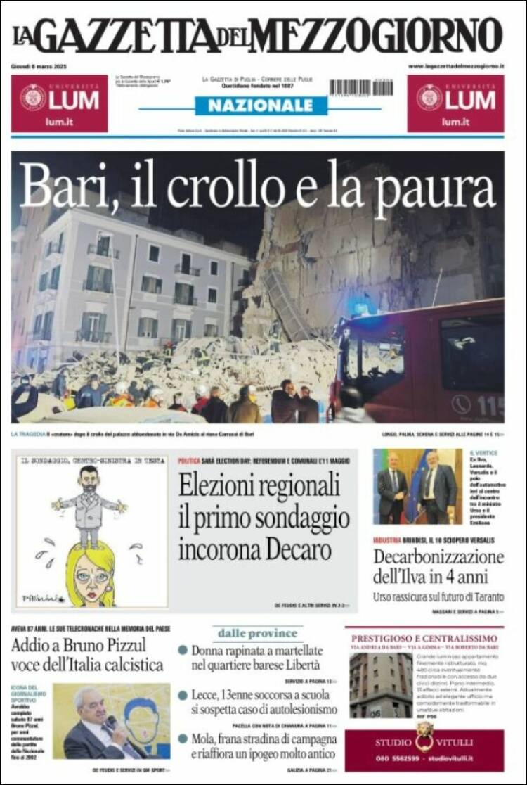 Portada de La Gazzetta del Mezzogiorno (Italia)