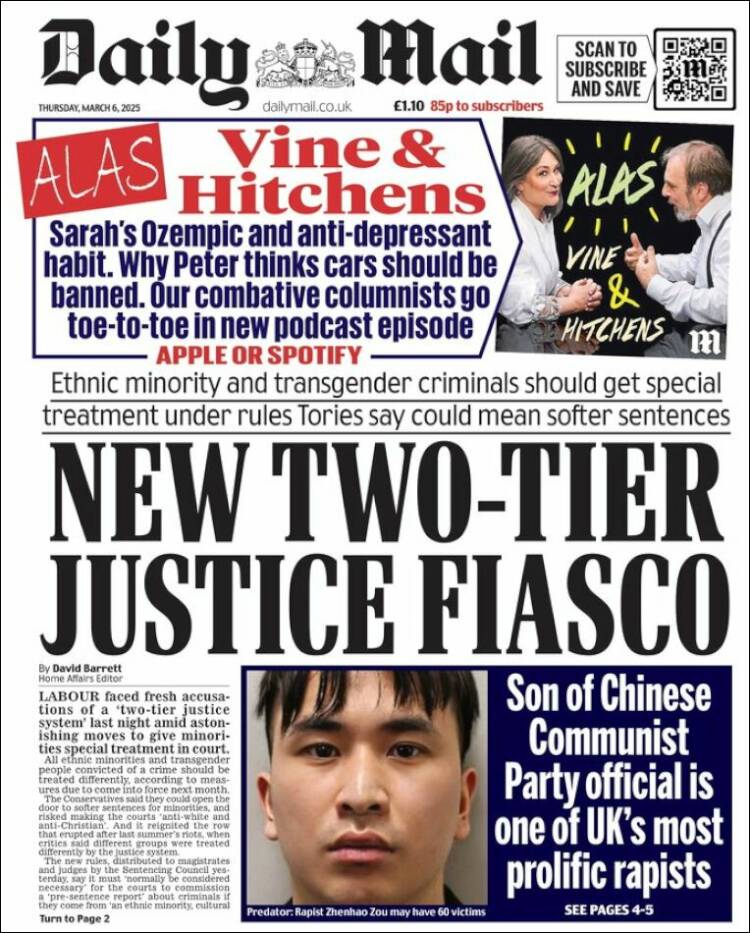 Portada de Daily Mail (Reino Unido)