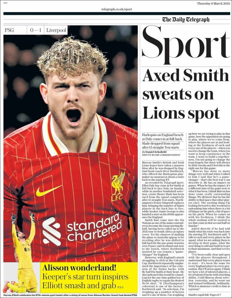 Portada de Telegraph Sport (Reino Unido)