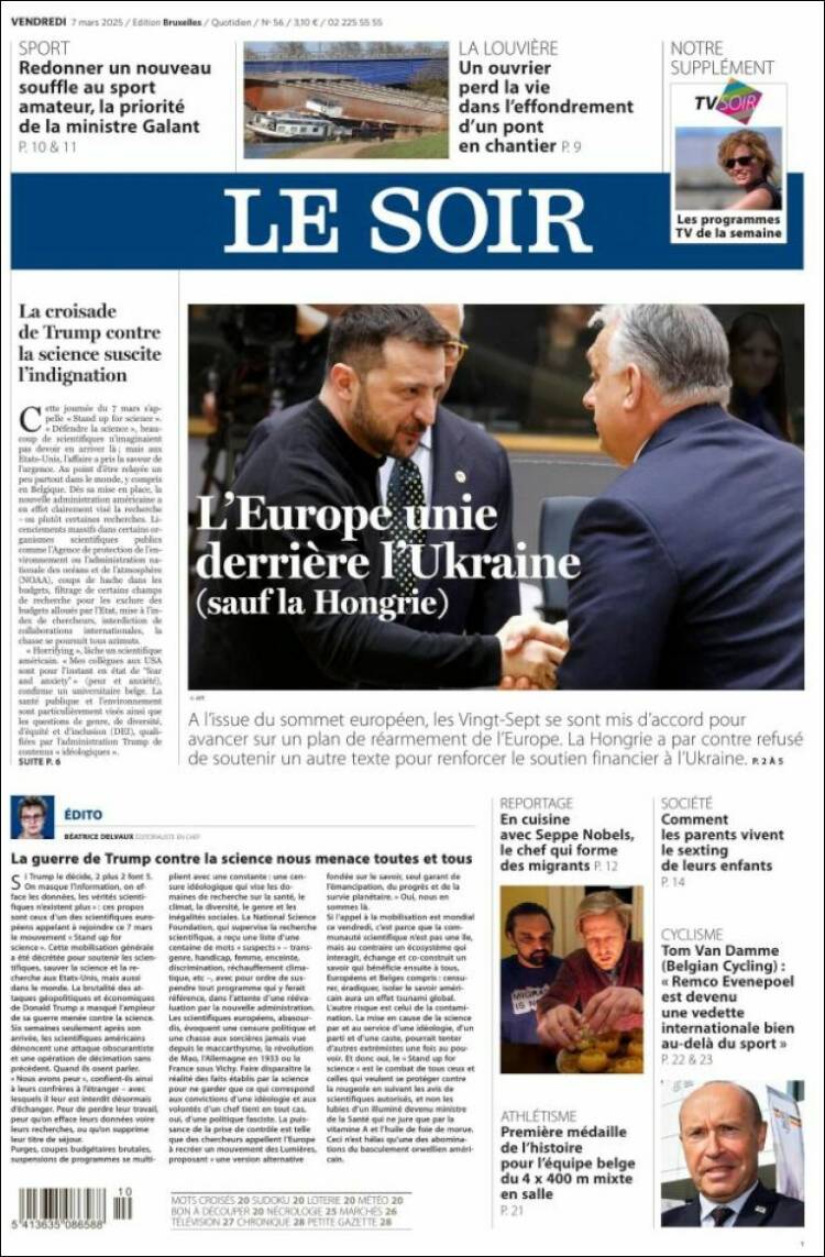 Portada de Le Soir (B&eacute;lgica)