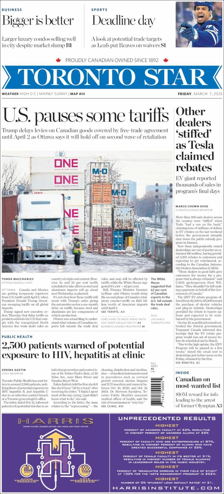 Portada de The Toronto Star (Canadá)