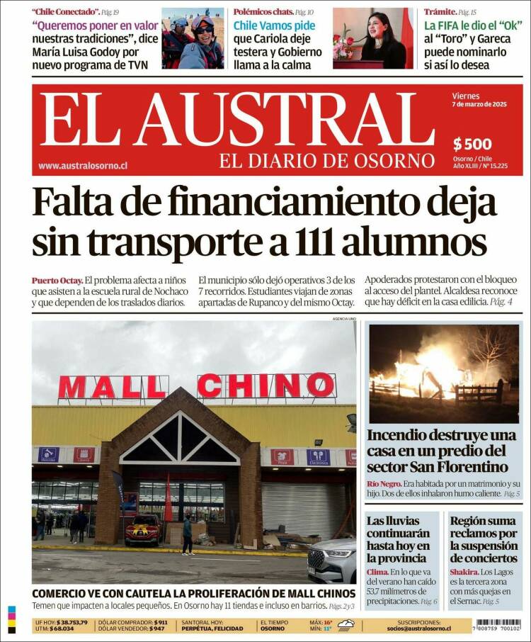 Portada de El Austral de Osorno (Chile)