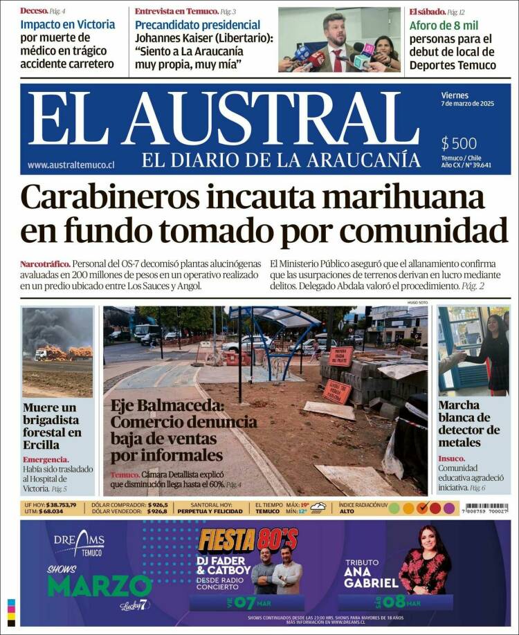 Portada de El Austral de Temuco (Chile)