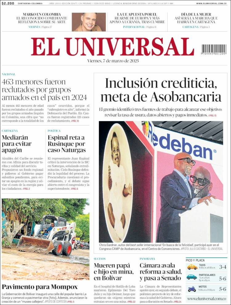 Portada de El Universal (Colombia)