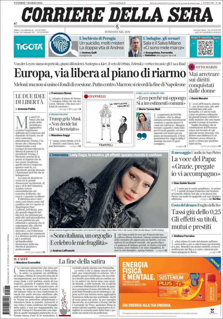 Portada de Corriere della Sera (Italia)