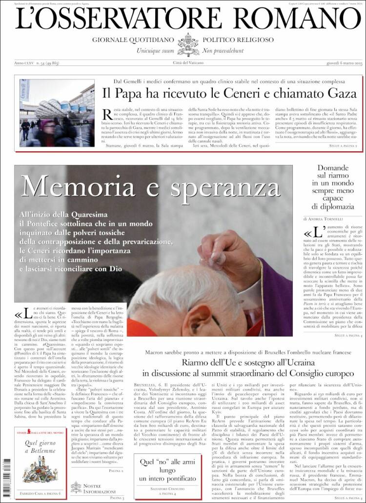 Portada de L'Osservatore Romano (Italia)