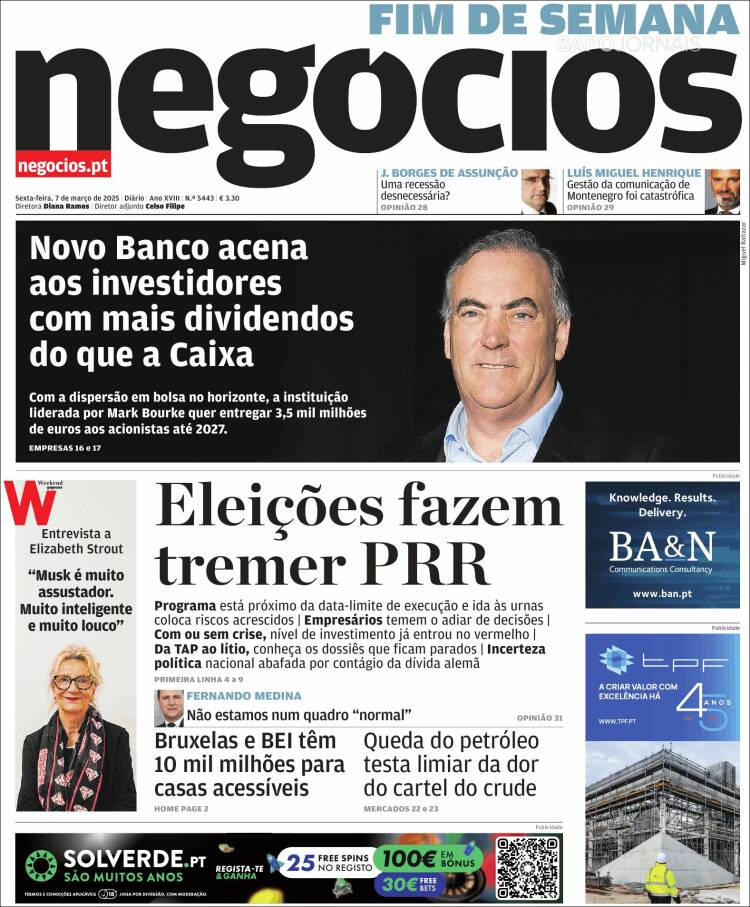 Portada de Jornal de Negócios (Portugal)