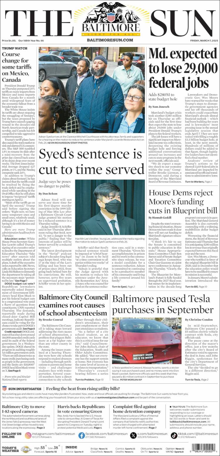 Portada de The Baltimore Sun (USA)