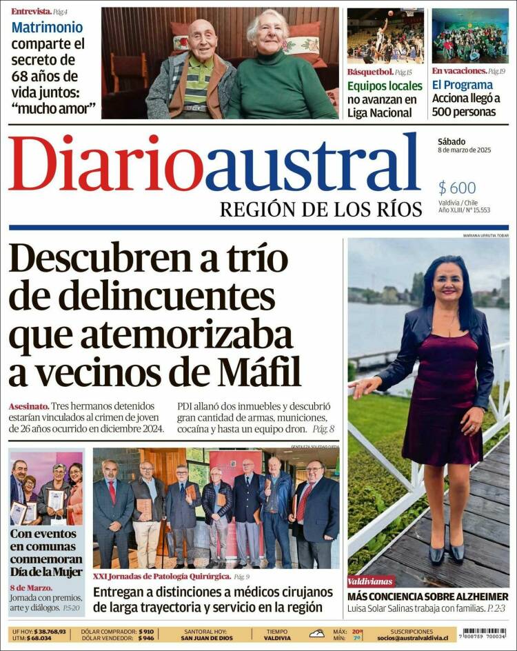 Portada de El Diario Austral de Valdivia (Chile)