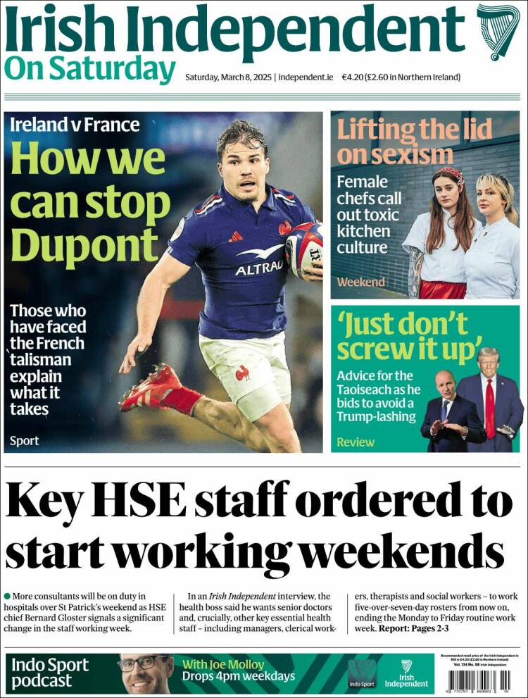 Portada de Irish Independent (Irlanda)