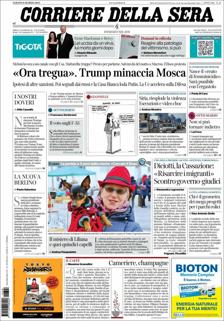 Portada de Corriere della Sera (Italia)