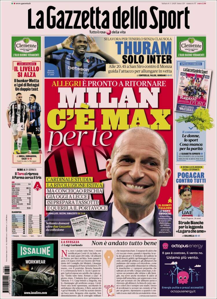 Portada de La Gazzetta dello Sport (Italia)