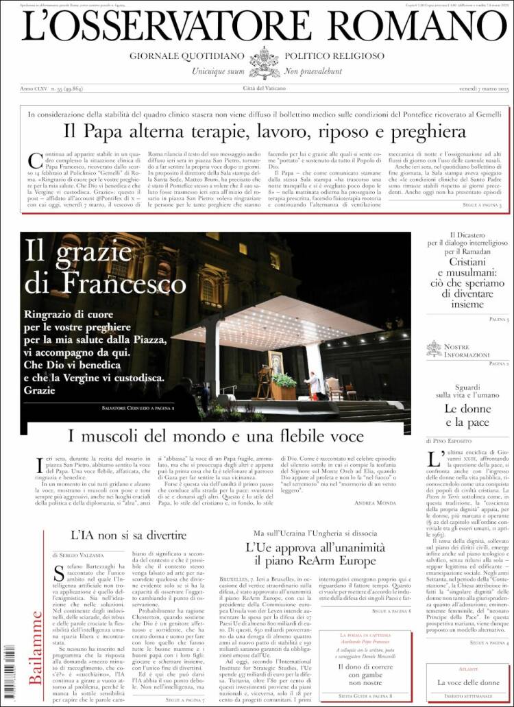 Portada de L'Osservatore Romano (Italia)