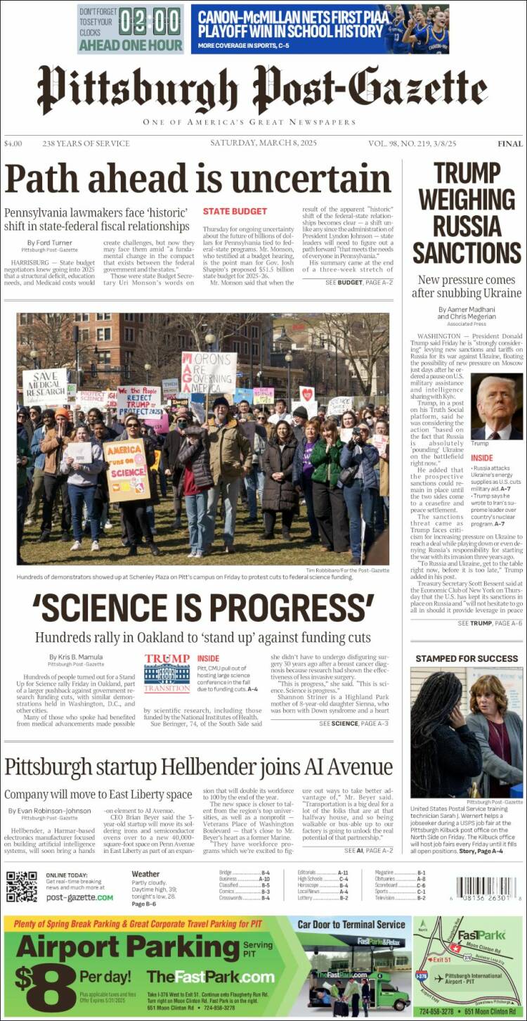 Portada de Pittsburgh Post-Gazette (USA)