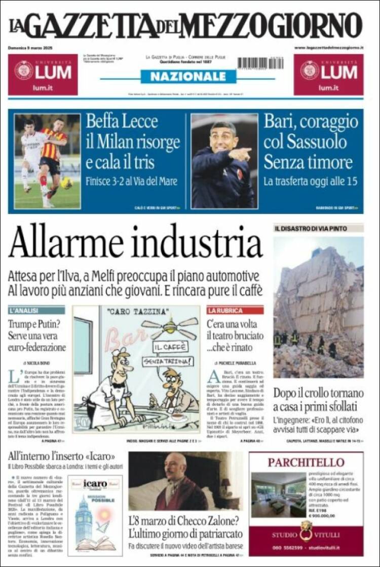 Portada de La Gazzetta del Mezzogiorno (Italia)