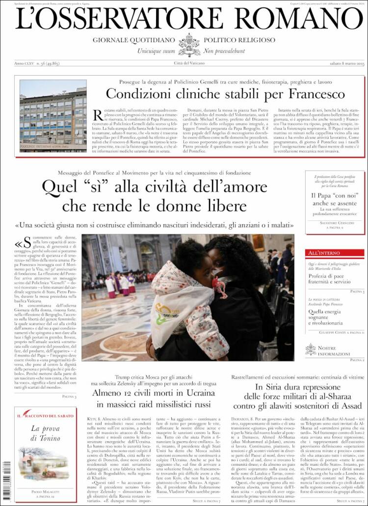 Portada de L'Osservatore Romano (Italia)