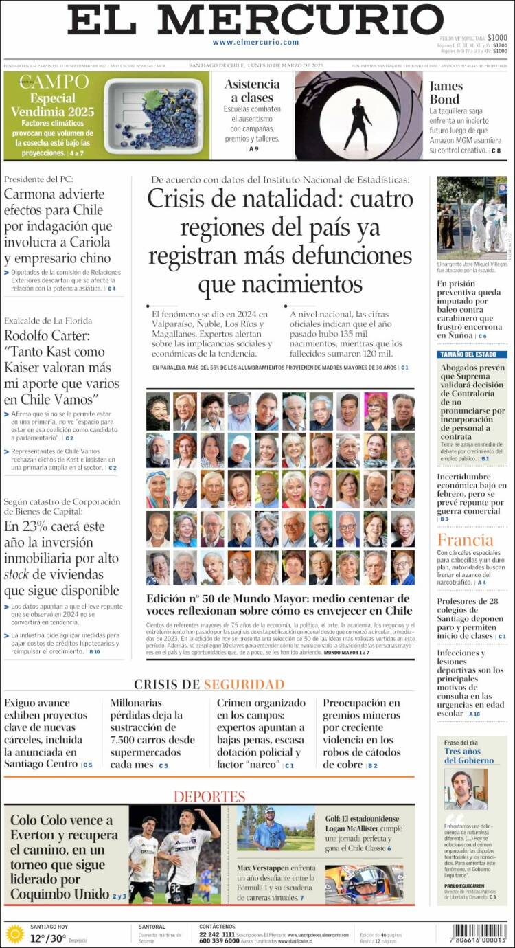 Portada de El Mercurio (Chile)