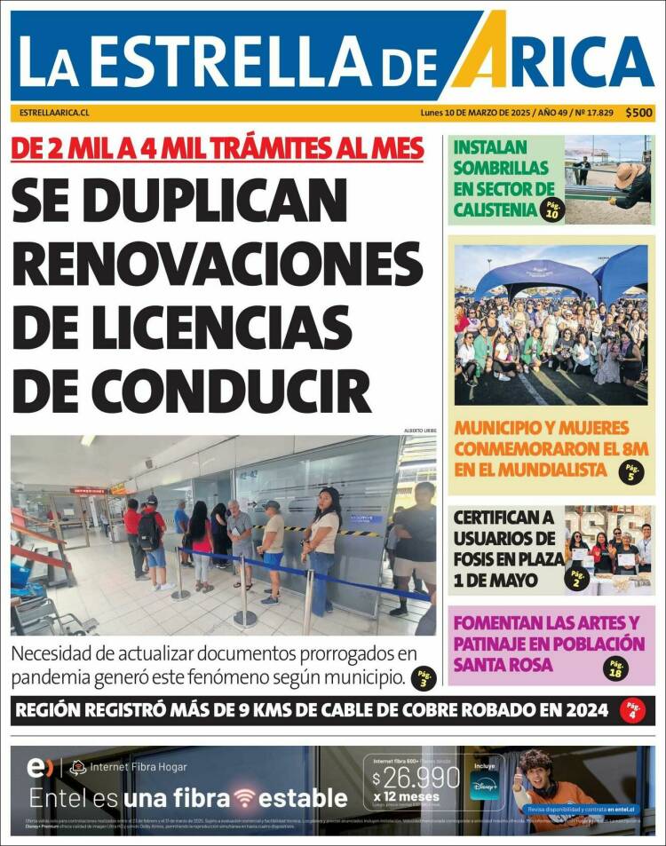 Portada de La Estrella de Arica (Chile)