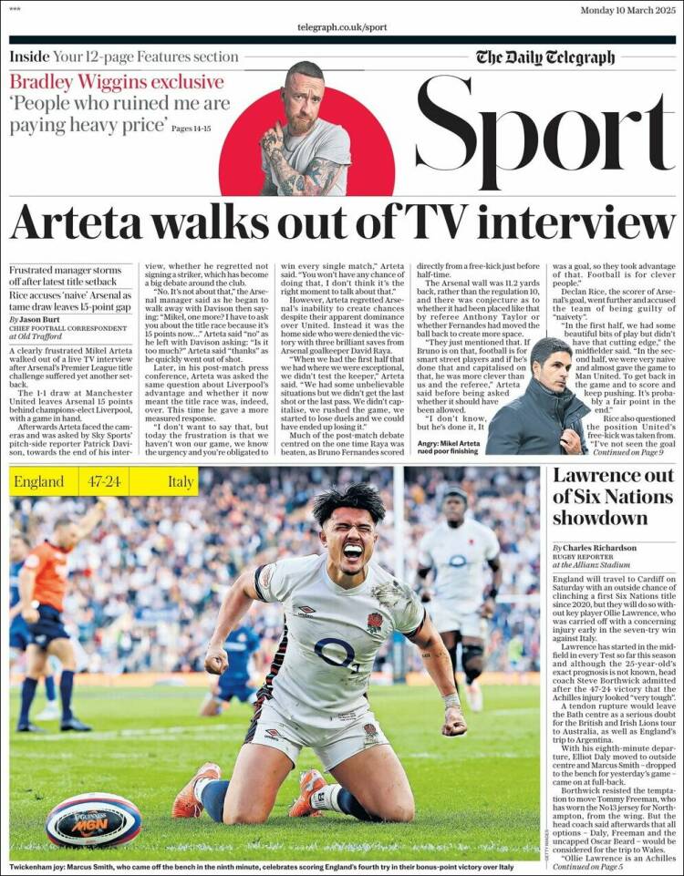 Portada de Telegraph Sport (Reino Unido)