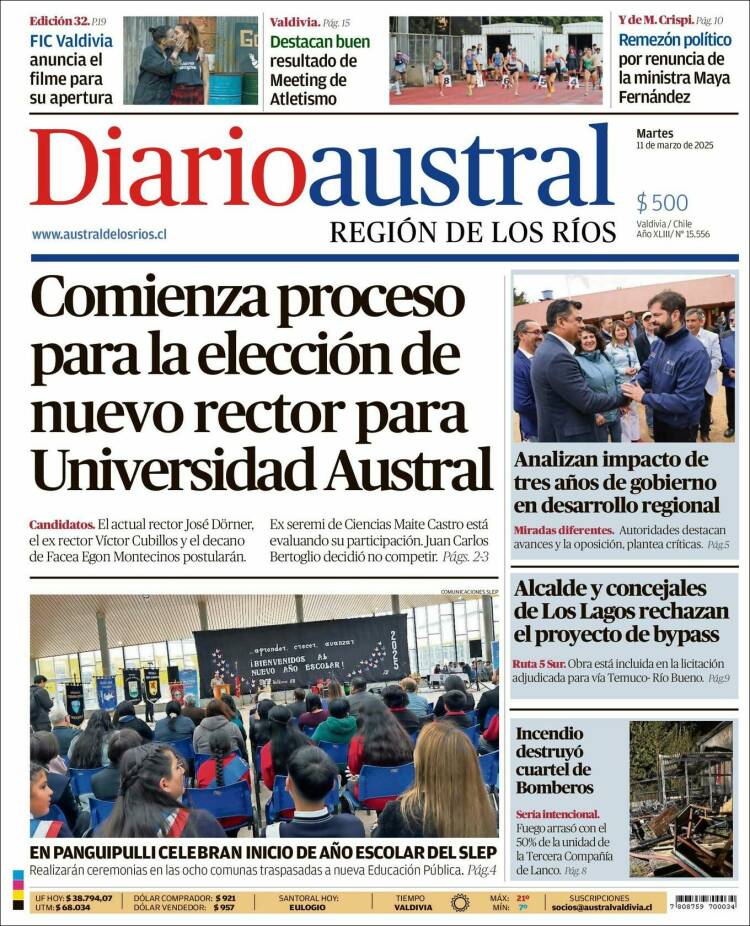 Portada de El Diario Austral de Valdivia (Chile)