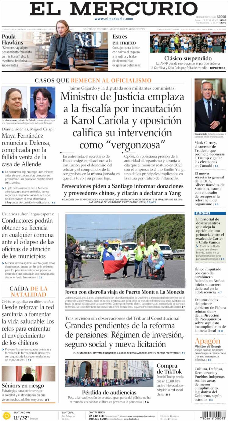 Portada de El Mercurio (Chile)