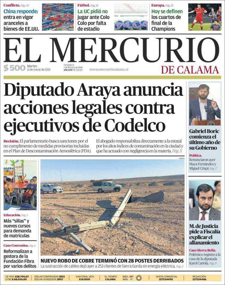 Portada de El Mercurio - Calama (Chile)