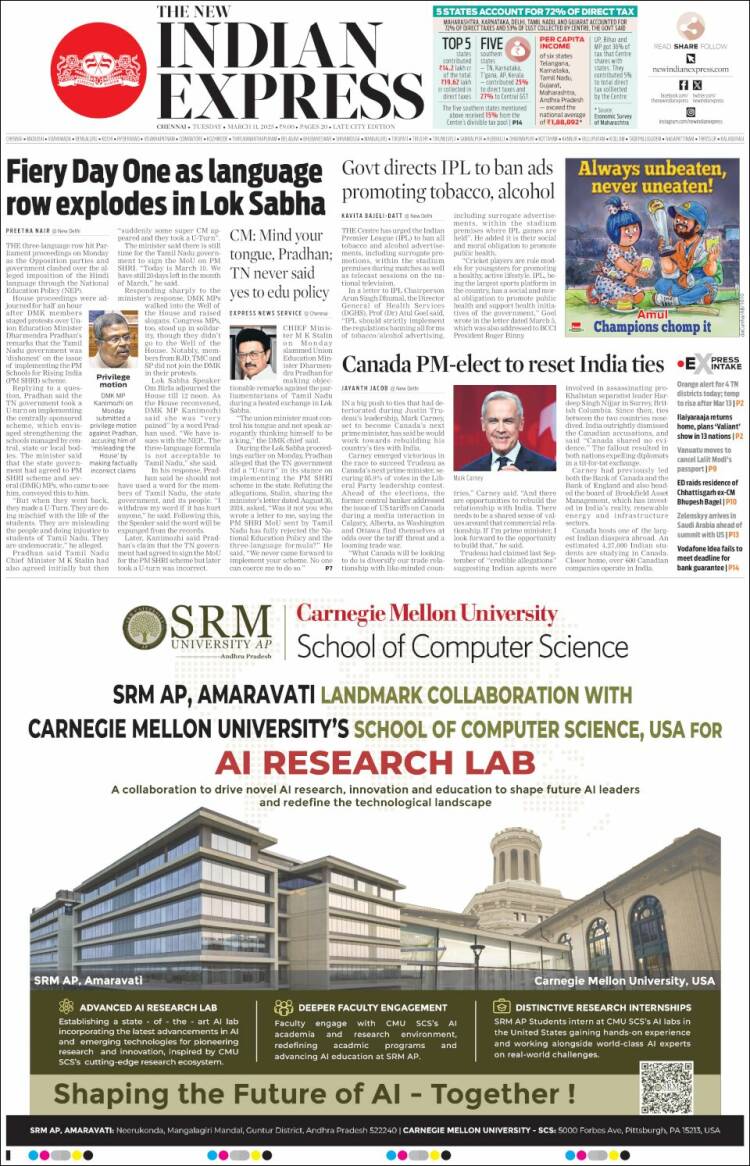 Portada de New Indian Express (India)