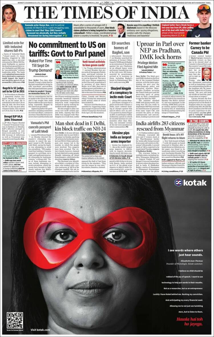 Portada de The Times of India (India)