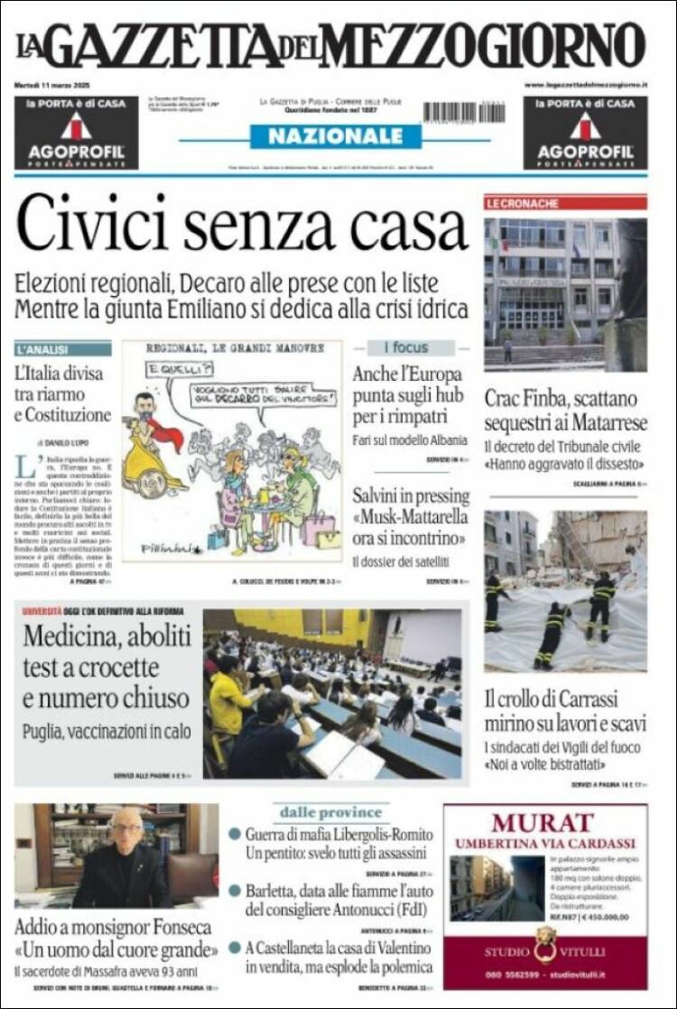 Portada de La Gazzetta del Mezzogiorno (Italia)