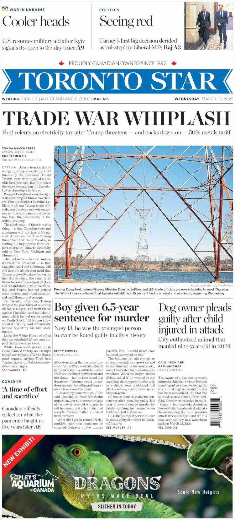 Portada de The Toronto Star (Canadá)