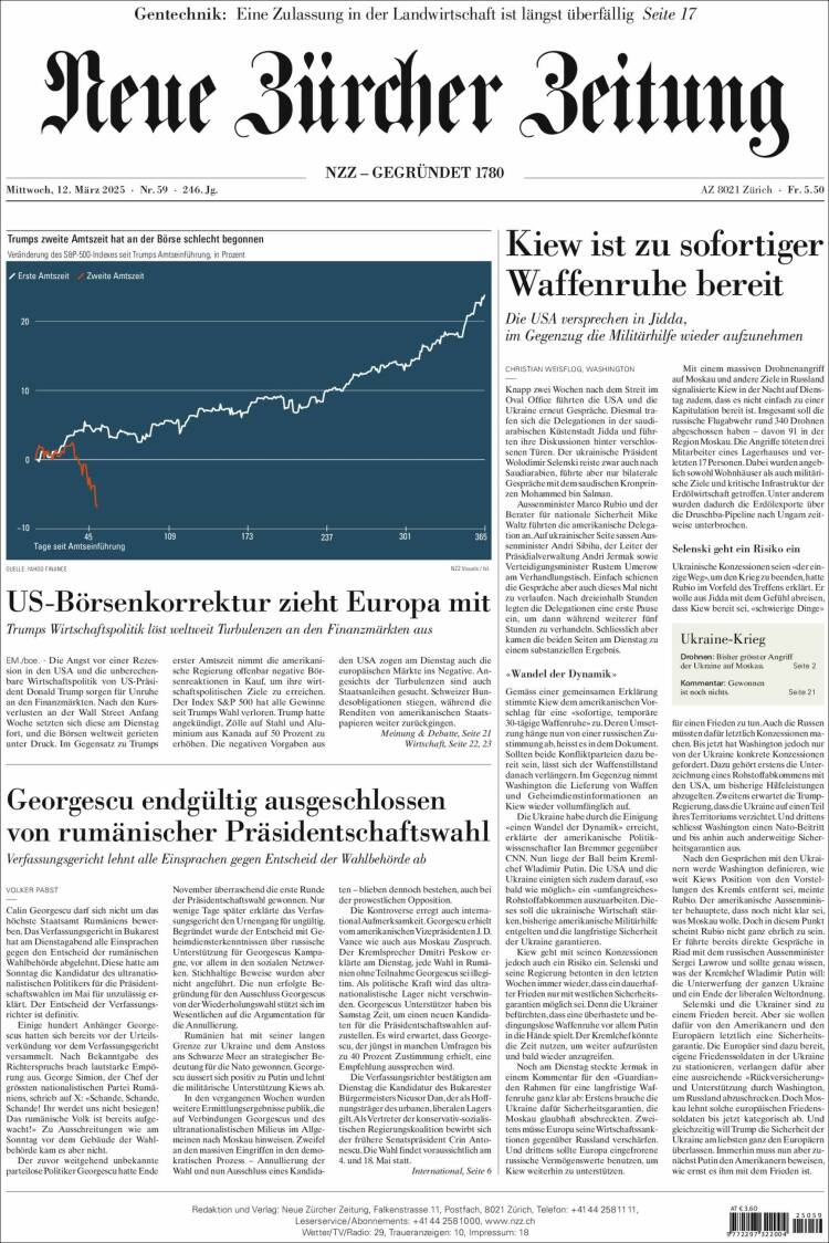 Portada de Neue Zürcher Zeitung (Suiza)