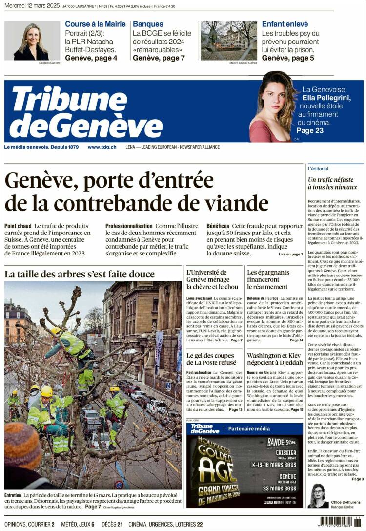 Portada de La Tribune de Genève (Suiza)