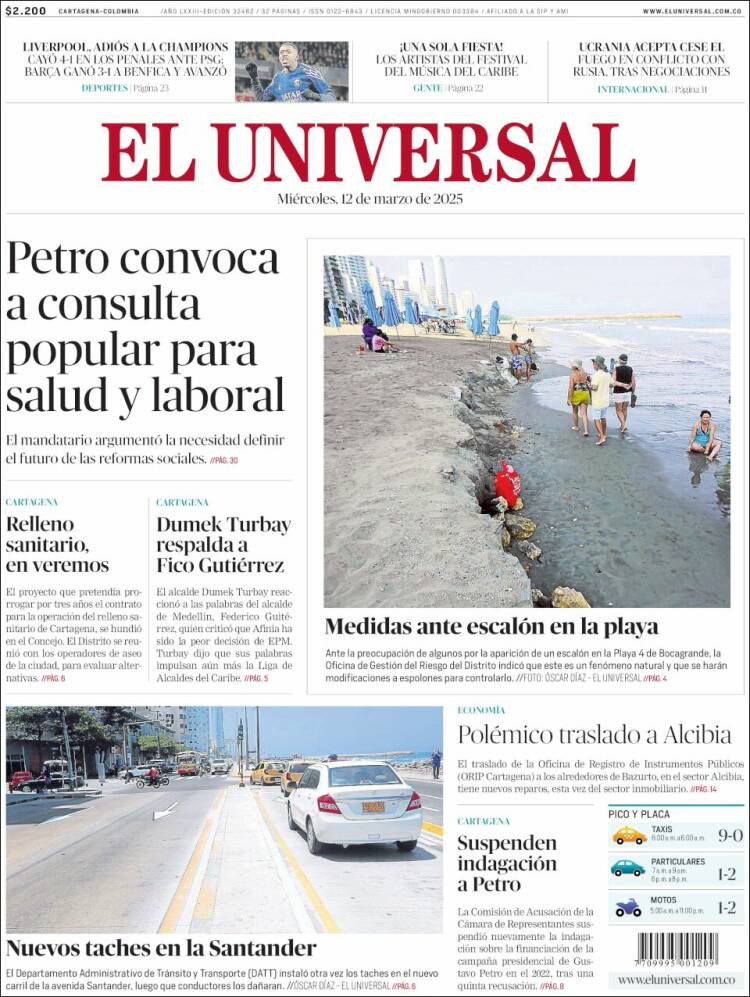 Portada de El Universal (Colombia)