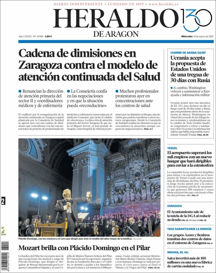 Portada de Heraldo de Aragón (España)