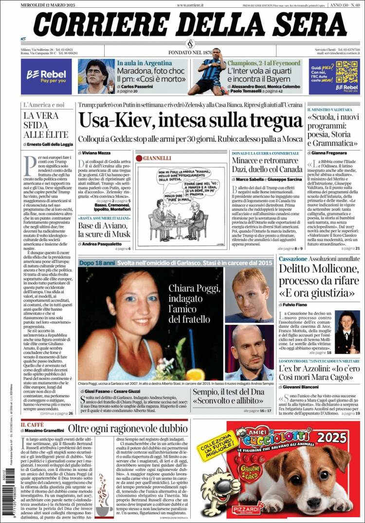 Portada de Corriere della Sera (Italia)