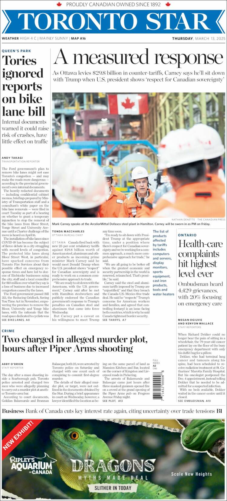 Portada de The Toronto Star (Canadá)