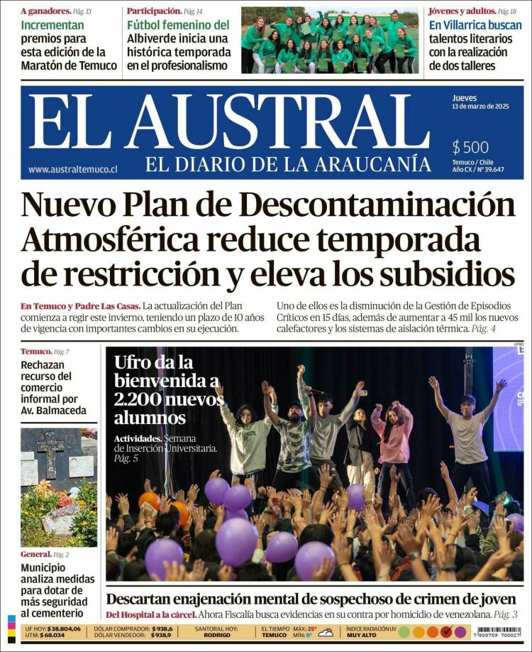 Portada de El Austral de Temuco (Chile)