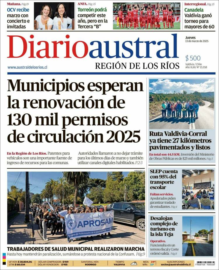 Portada de El Diario Austral de Valdivia (Chile)