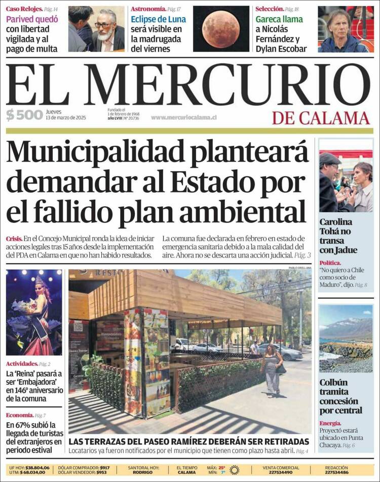 Portada de El Mercurio - Calama (Chile)