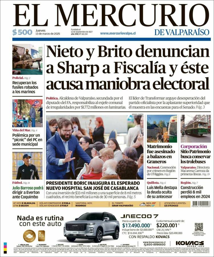 Portada de Mercurio de Valparaiso (Chile)