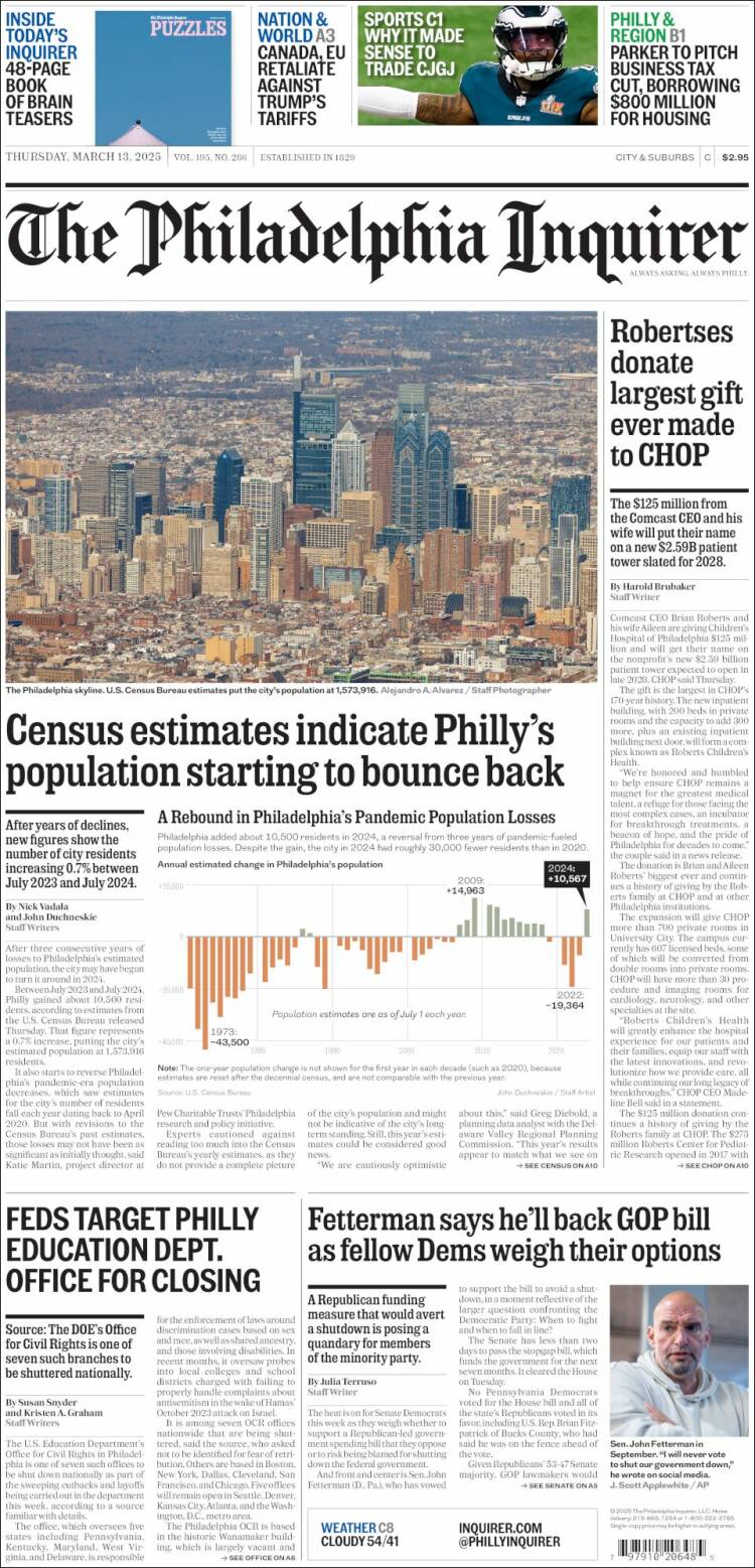 Portada de Philadelphia Inquirer (USA)