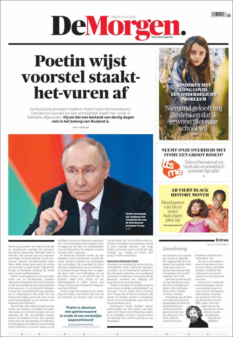 Portada de De Morgen (Bélgica)