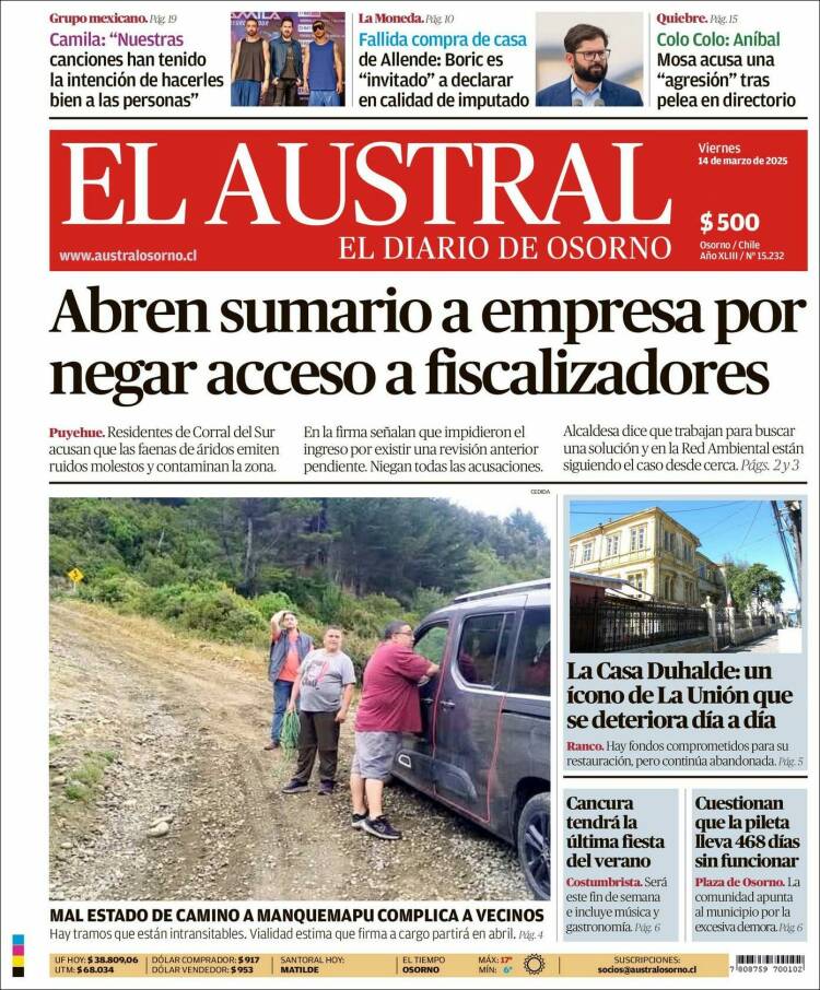 Portada de El Austral de Osorno (Chile)