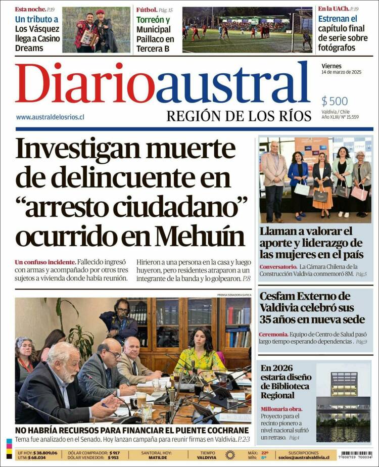 Portada de El Diario Austral de Valdivia (Chile)