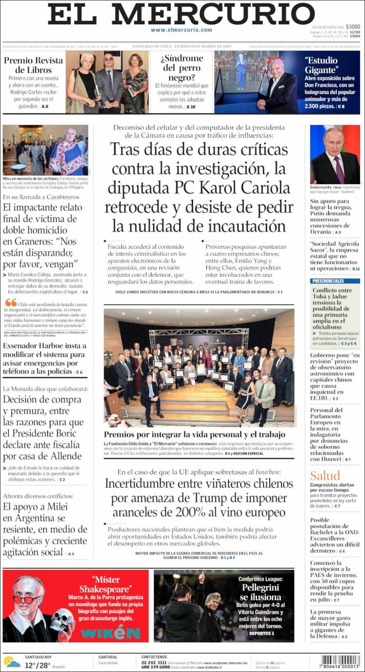 Portada de El Mercurio (Chile)