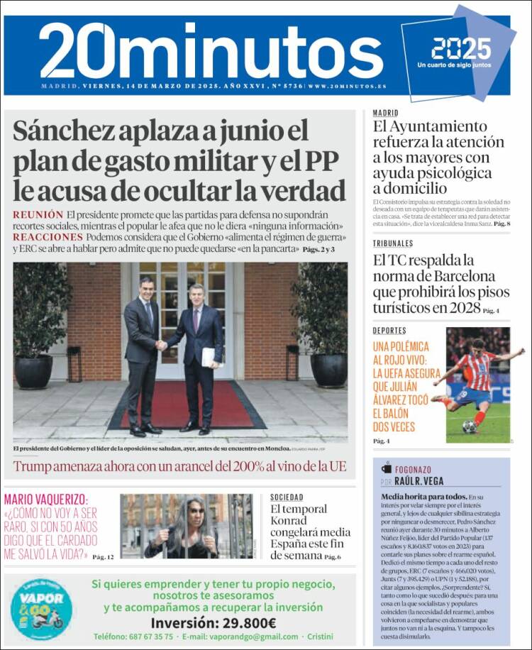 Portada de 20 Minutos - Madrid (España)